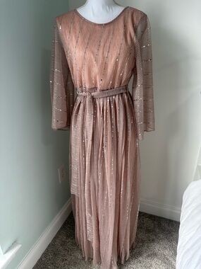 SHEIN Rose Gold Pleated Sequin Maxi Dress with Tie Belt